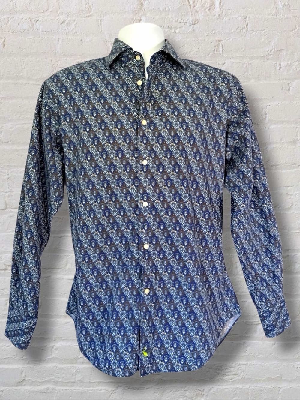 TailorByrd Mens Small Button Down Shirt Blue Brown Geometric Print Contrast Cuff